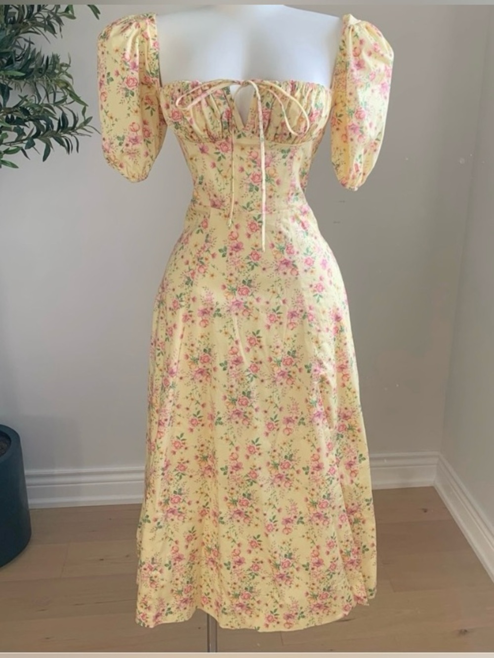 Yellow Floral Corset Boned Midi Dress XS